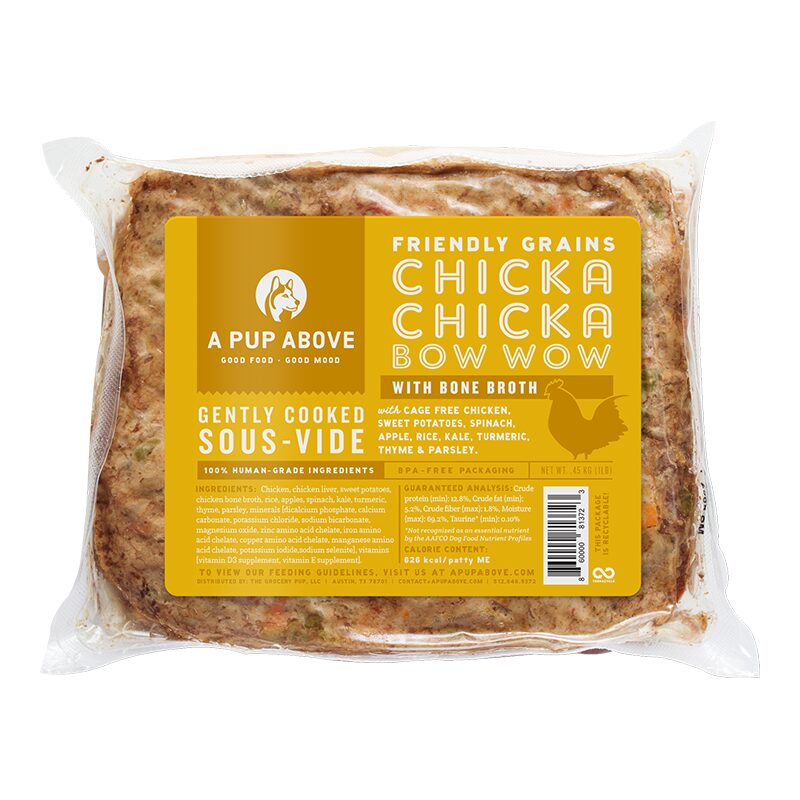 A PUP ABOVE DOG FROZEN FRIENDLY GRAINS CHICKA BOW WOW 10 INDIVIDUALLY WRAPPED 1LB PATTIES