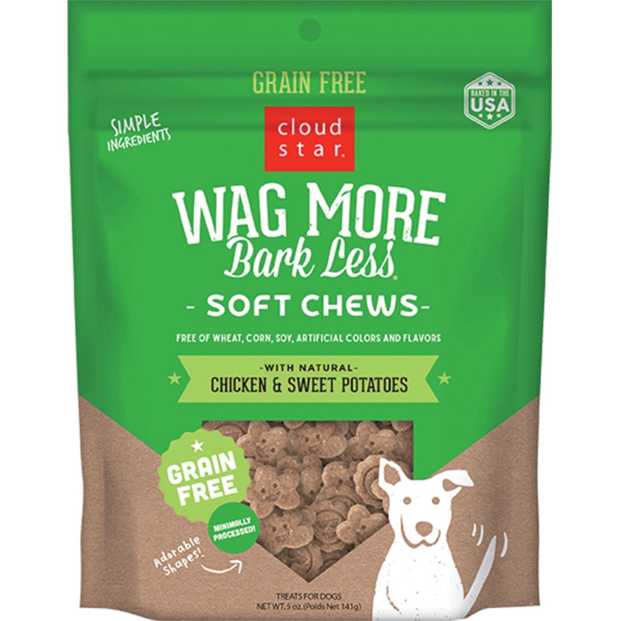 CLOUD STAR DOG WAG MORE BARK LESS GRAIN FREE CHEWY TREATS CHICKEN & SWEET POTATO 5OZ