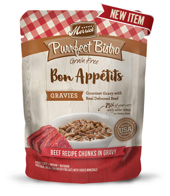 PURRFECT BISTRO BON APPETITS BEEF CHUNKS IN GRAVY POUCH 3OZ CASE OF 24 POUCHES