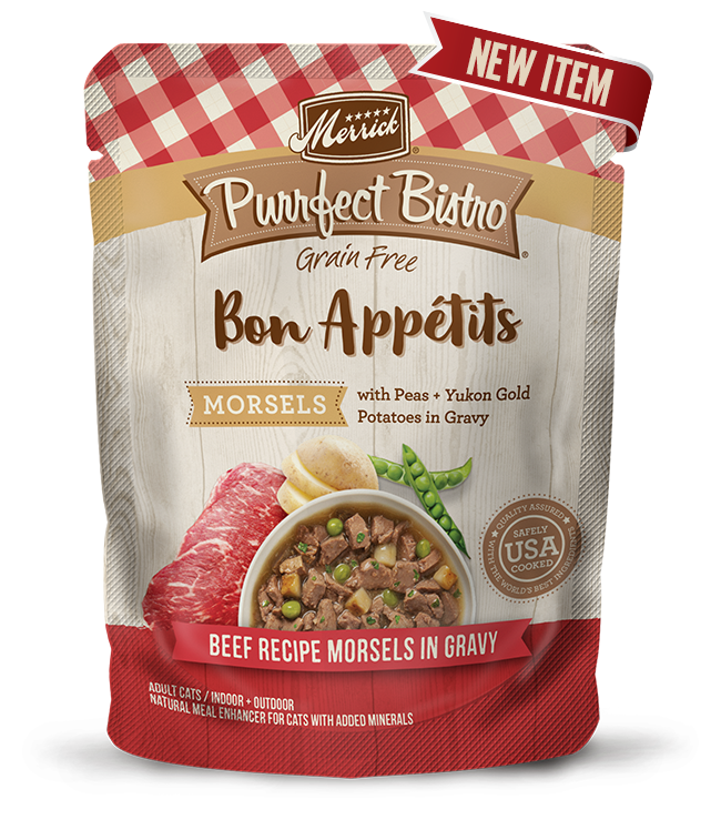 PURRFECT BISTRO BON APPETITS BEEF MORSELS IN GRAVY POUCH 3OZ CASE OF 24 POUCHES