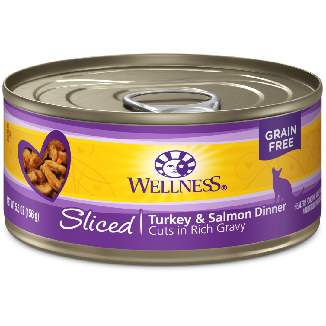WELLNESS CAT SLICED TURKEY & SALMON 5.5OZ CASE OF 24 CANS