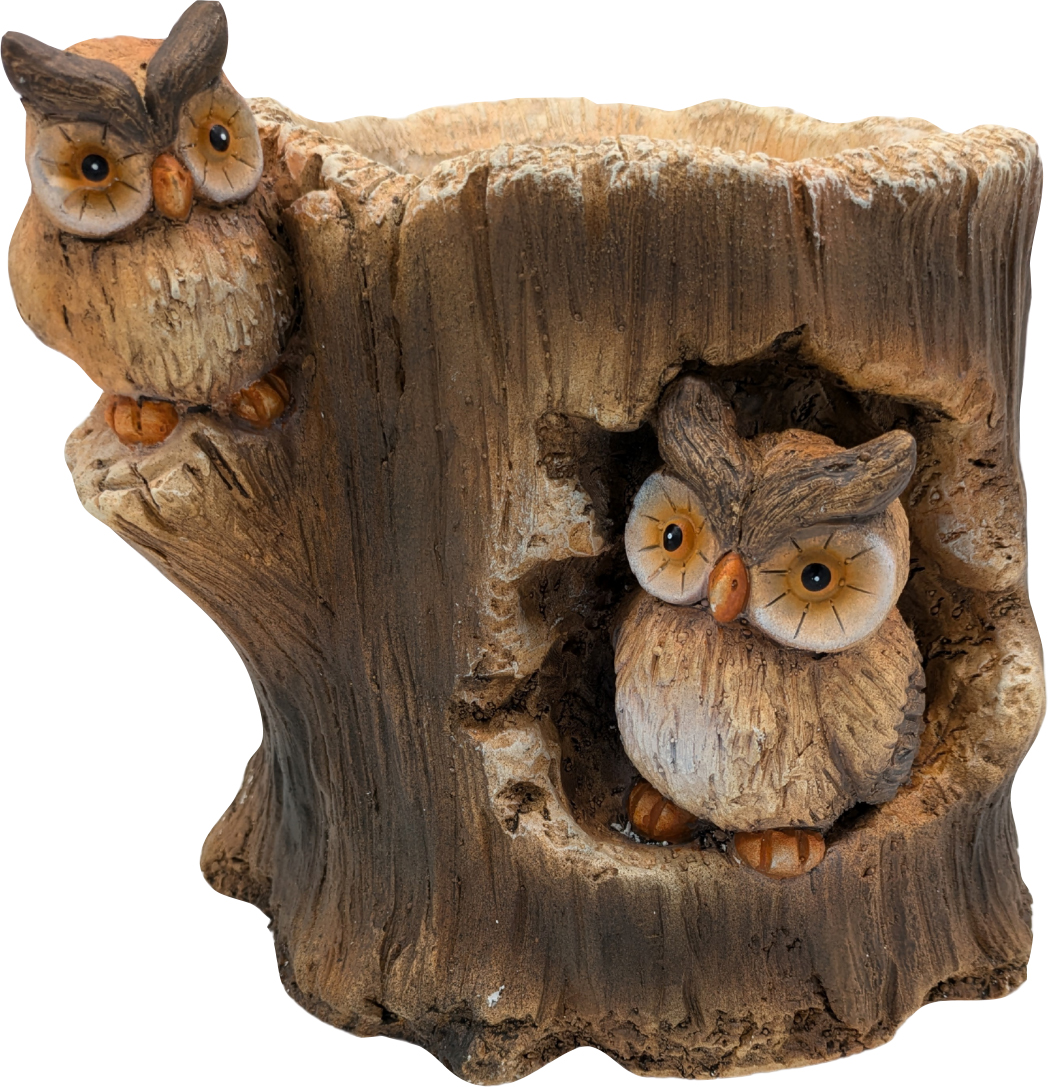 ESSCHERT DESIGN FAUX WOOD DBL OWL IN LOG PLANTER